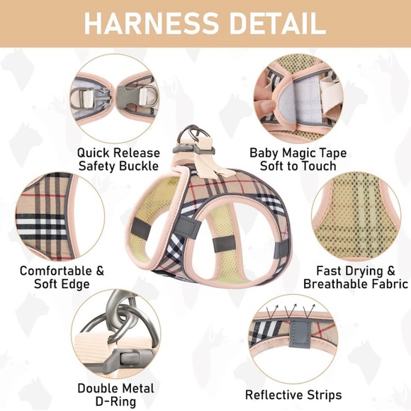 Beige Tan Plaid Harness Collar and Leash Set - Picture 3 of 6